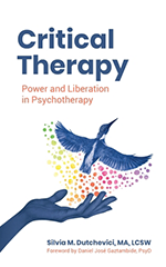 Critical Therapy cover featuring a blue bird flying from a hand amidst a rainbow of dots